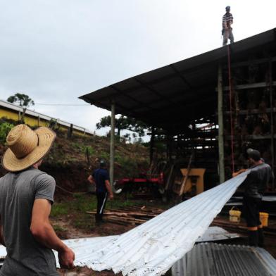 NOVA PÁDUA, RS, BRASIL, 03/02/2023. Estragos causados pela chuva de granizo na tarde de quinta (02) em Nova Pádua. Produtores registraram queda de parreirais e destelhamento de pavilhões. Na foto, galpão de armazenamento de alho e parreiral caído em propriedade no Travessão Mützel. (Bruno Todeschini/Agência RBS)Indexador: BTK<!-- NICAID(15339433) -->