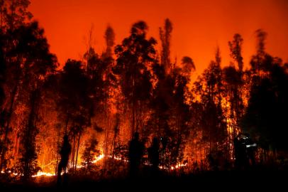 People fight a fire in Puren, Araucania region, Chile on February 4, 2023. - At least 23 people have died in hundreds of forest fires whipped up amid a blistering heat wave in south central Chile, a senior  government official said Saturday night. (Photo by JAVIER TORRES / AFP)<!-- NICAID(15341804) -->