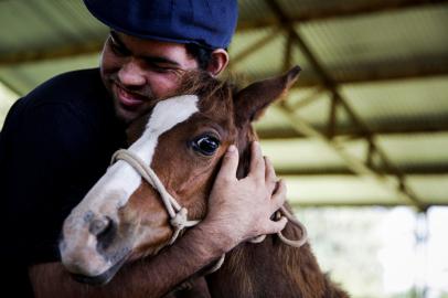 Porto Alegre, RS, Brasil, 09-02-2023: Rafael Silva Soares, 25 anos,com o potro Tornado, recém adotado por ele no abrigo para cavalos resgatados pela EPTC, na Estrada da Taquara, extremo sul de Porto Alegre. Em 2022, agentes da instituição de trânsito resgataram em média mais de um cavalo por dia trabalhando de forma irregular em carroças ou pelas ruas da cidade vítima de maus tratos. Foto: Mateus Bruxel / Agência RBSIndexador: Mateus Bruxel<!-- NICAID(15346180) -->