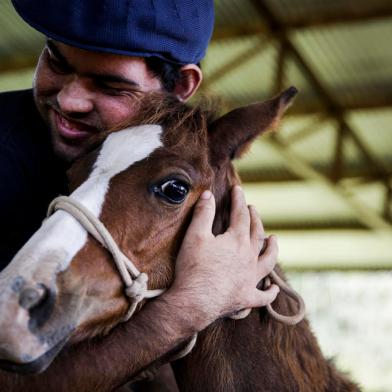 Porto Alegre, RS, Brasil, 09-02-2023: Rafael Silva Soares, 25 anos,com o potro Tornado, recém adotado por ele no abrigo para cavalos resgatados pela EPTC, na Estrada da Taquara, extremo sul de Porto Alegre. Em 2022, agentes da instituição de trânsito resgataram em média mais de um cavalo por dia trabalhando de forma irregular em carroças ou pelas ruas da cidade vítima de maus tratos. Foto: Mateus Bruxel / Agência RBSIndexador: Mateus Bruxel<!-- NICAID(15346180) -->