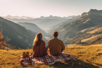 Casal apaixonado fazendo piquenique nos Alpes Dolomitas. Foto: radekcho / stock.adobe.comFonte: 615579227<!-- NICAID(15517905) -->