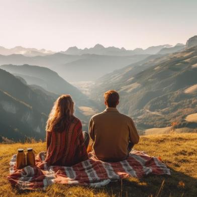 Casal apaixonado fazendo piquenique nos Alpes Dolomitas. Foto: radekcho / stock.adobe.comFonte: 615579227<!-- NICAID(15517905) -->