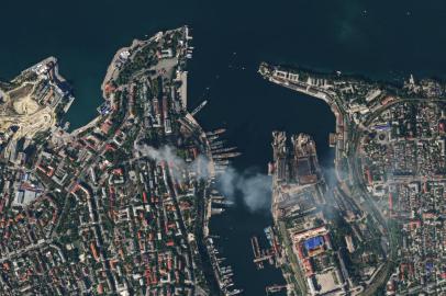 This handout satellite image released on September 23, 2023 by Planet Labs PBC shows an aerial view of the city of Sevastopol after a missile attack struck the headquarters of Moscows Black Sea fleet in annexed Crimea on September 22, 2023, sparking a huge fire and leaving at least one Russian serviceman missing. The strike on the symbolic heart of Russias Black Sea fleet marks a major blow for Moscow, which has suffered a string of attacks on the strategically important port in recent months. (Photo by Handout / Planet Labs PBC / AFP) / RESTRICTED TO EDITORIAL USE - MANDATORY CREDIT AFP PHOTO / PLANET LABS PBC - NO MARKETING - NO ADVERTISING CAMPAIGNS - DISTRIBUTED AS A SERVICE TO CLIENTSRESTRICTED TO EDITORIAL USE - MANDATORY CREDIT AFP PHOTO / PLANET LABS PBC - NO MARKETING - NO ADVERTISING CAMPAIGNS - DISTRIBUTED AS A SERVICE TO CLIENTS / <!-- NICAID(15549354) -->